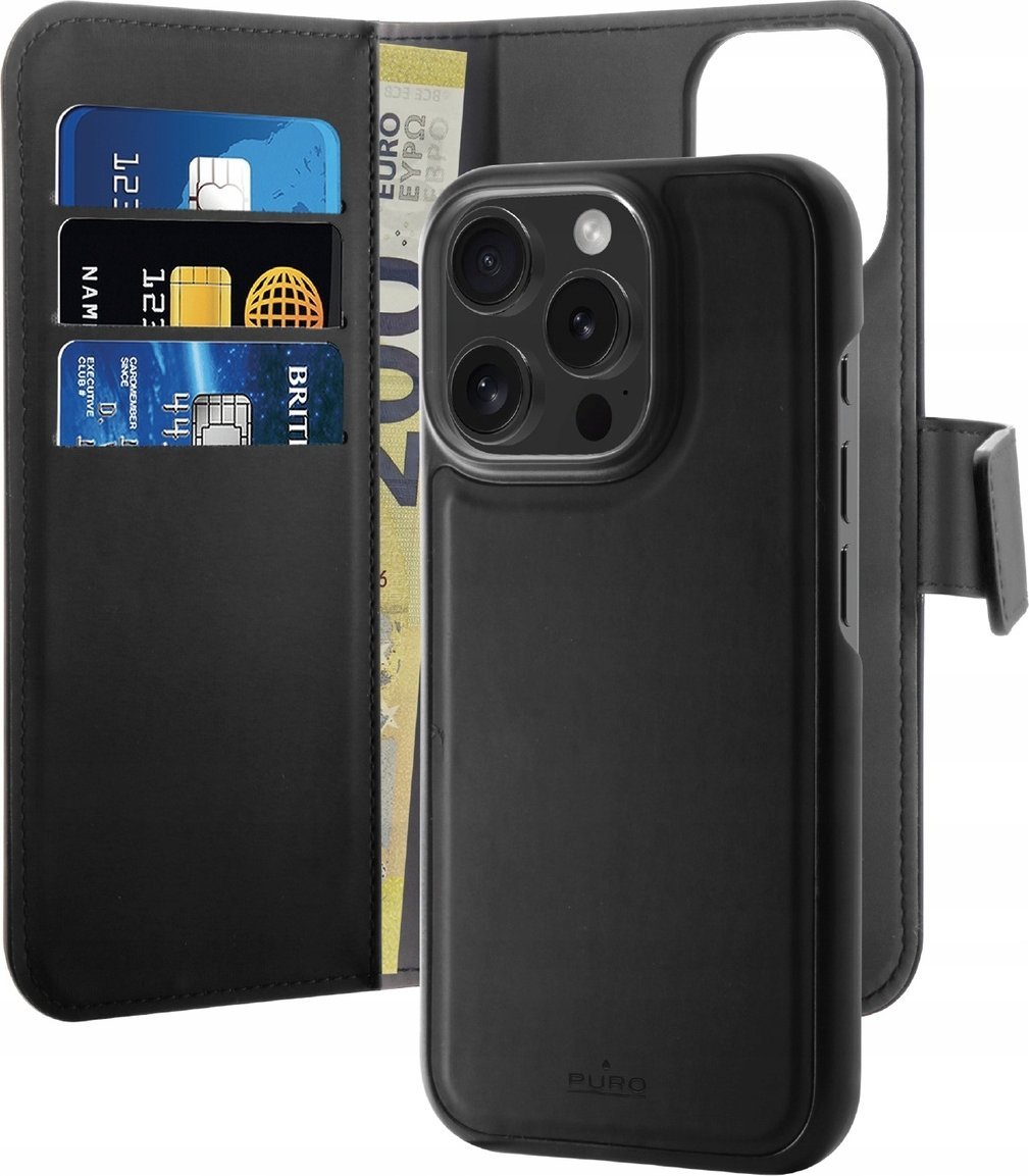 Puro Puro Wallet Odnímatelné pouzdro z ekokůže MagSafe 2v1 s klopou a peněženkou pro iPhone 16 Pro - černé