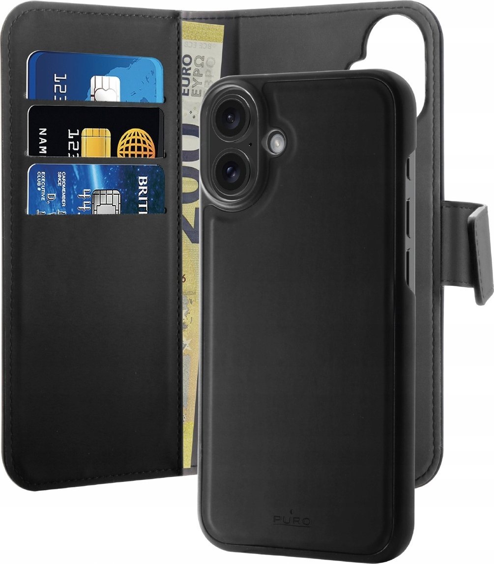 Puro Puro Wallet Odnímatelné pouzdro z ekokůže MagSafe 2v1 s chlopní a peněženkou pro iPhone 16 - černé