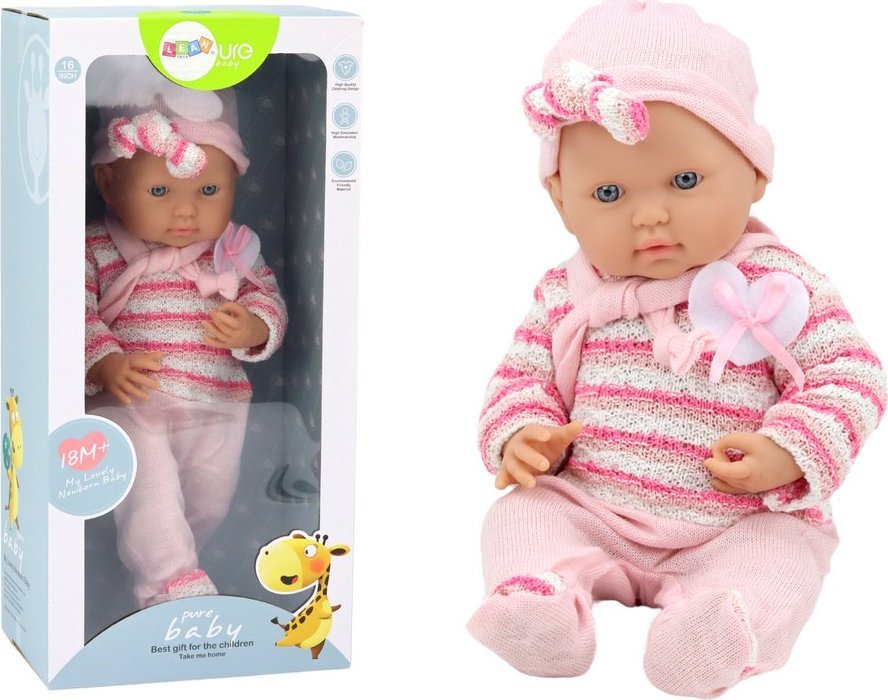 LeanToys Baby Doll Pruhovaný svetr, čepice a šátek růžový