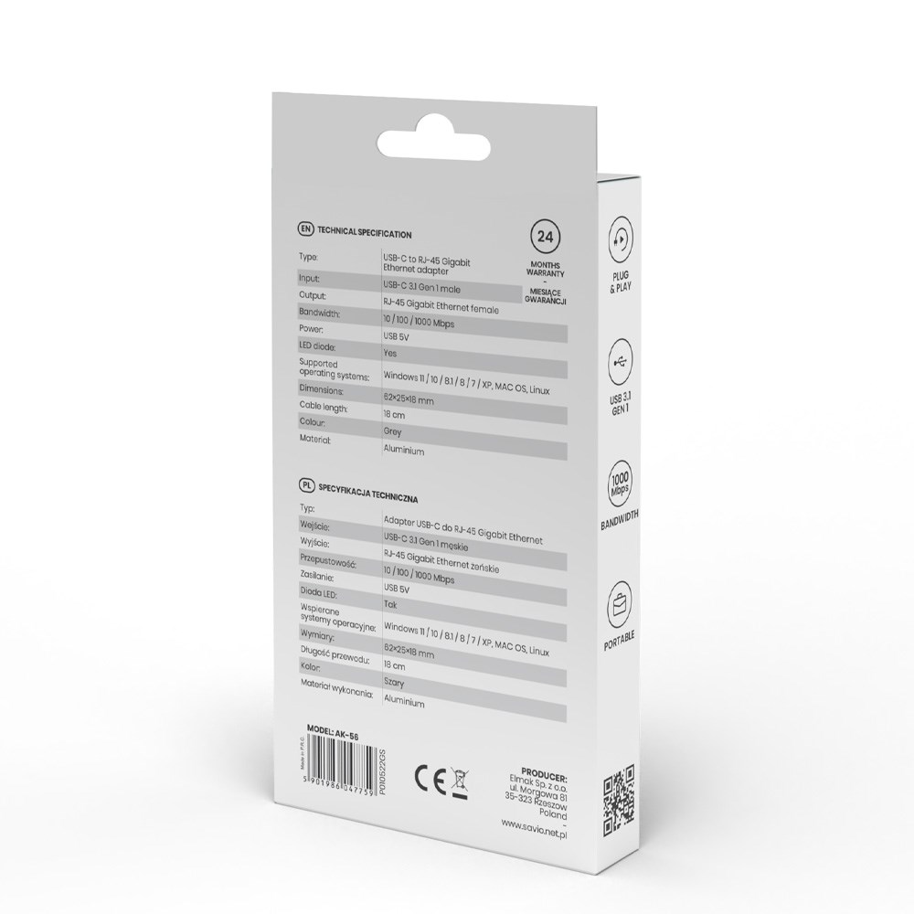 SAVIO Adapter USB-C 3.1 Gen.1 (M) to RJ-45 Gigabit Ethernet (F) 1000 Mbps AK-56 grey