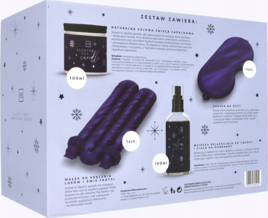 Alkotest HISKIN_SET Sada na dobrou noc přírodní sójová svíčka 100ml + relaxační mlha na tělo a obličej 100ml + kulma a dvě gumičky do vlasů 1 ks + oční maska 1 ks