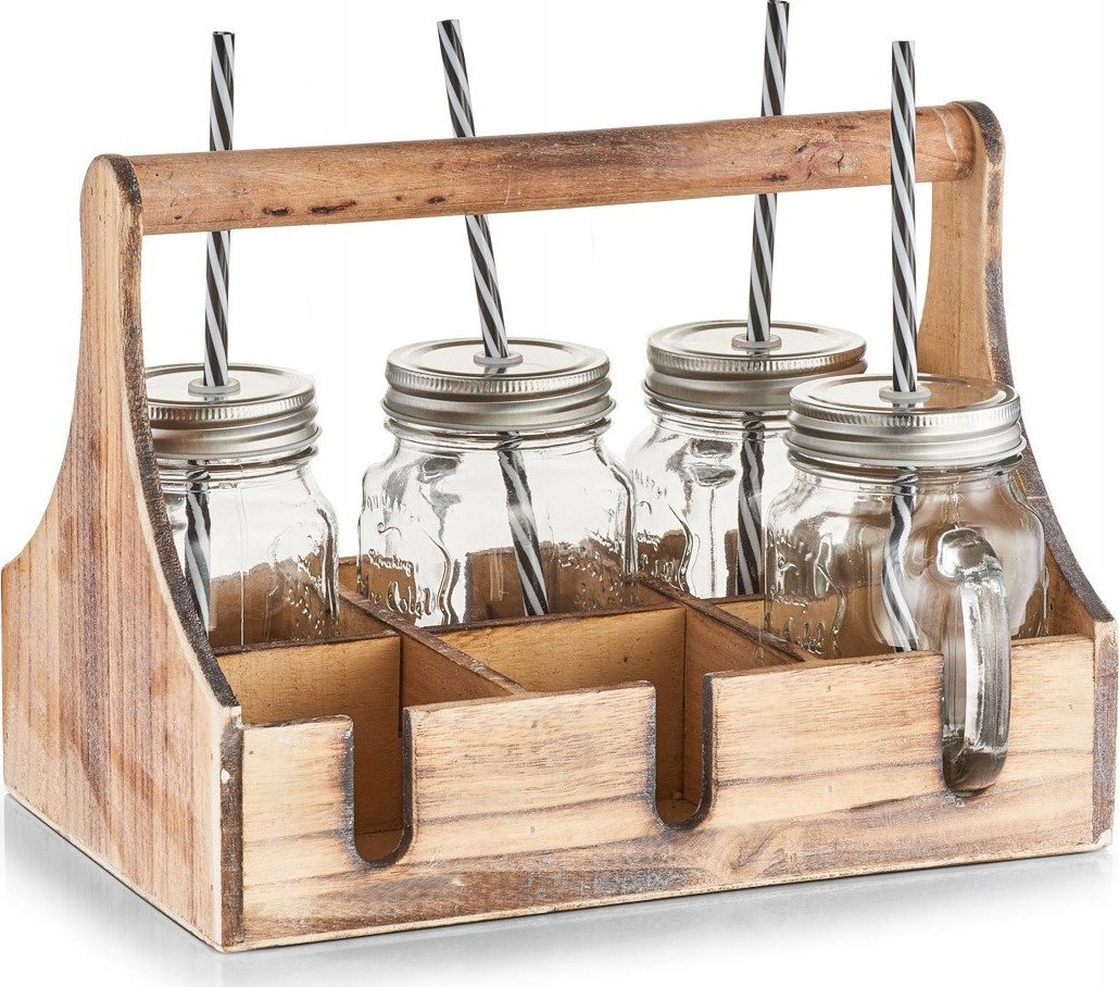 Zeller Dóza na nápoje + 6 x dóza s brčkem, dřevěná, ZELLER