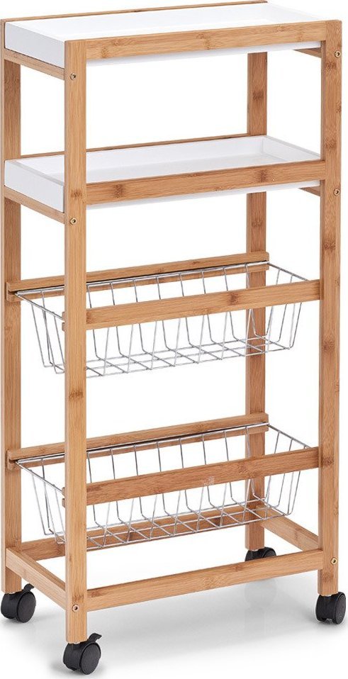 Kuchyňský vozík Zeller White, bar na kolečkách, kuchyňský pomocník, kuchyňská police, bílé police, bambusový nábytek, ZELLER