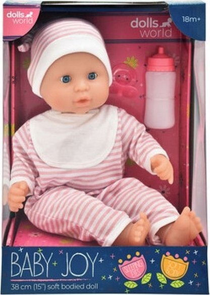 Dolls World PANENKA BABY JOY OD DOLLS WORLD 38 CM - PRUHOVANÉ OBLEČENÍ