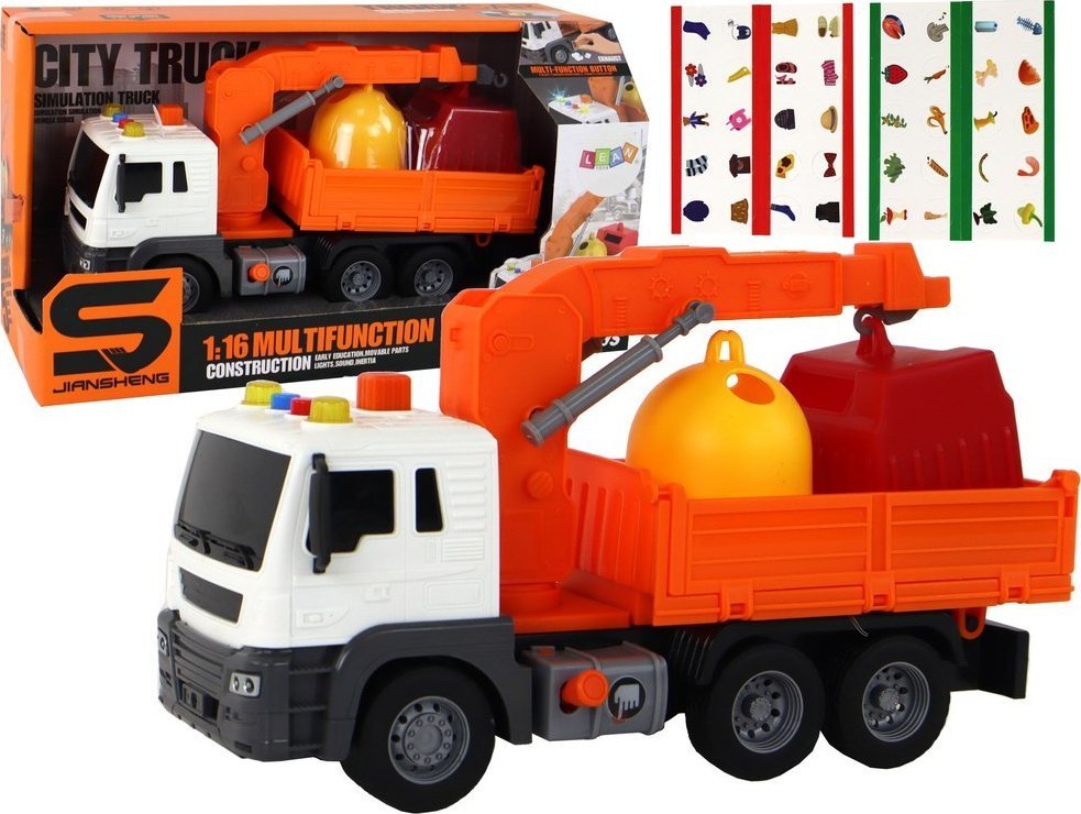 LeanToys Popelářské auto s jeřábem, třecím pohonem, zvuky, oranžové 1:16
