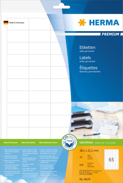 Herma Premium Labels 8629, A4, bílá, 38,1 x 21,2 mm, matný papír, 650 ks. (8629)