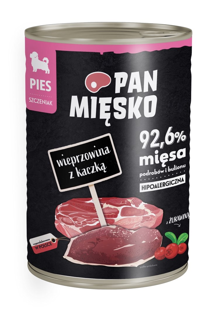 Pánev vepřové maso s kachnou - mokré krmivo pro štěňata - 400 g