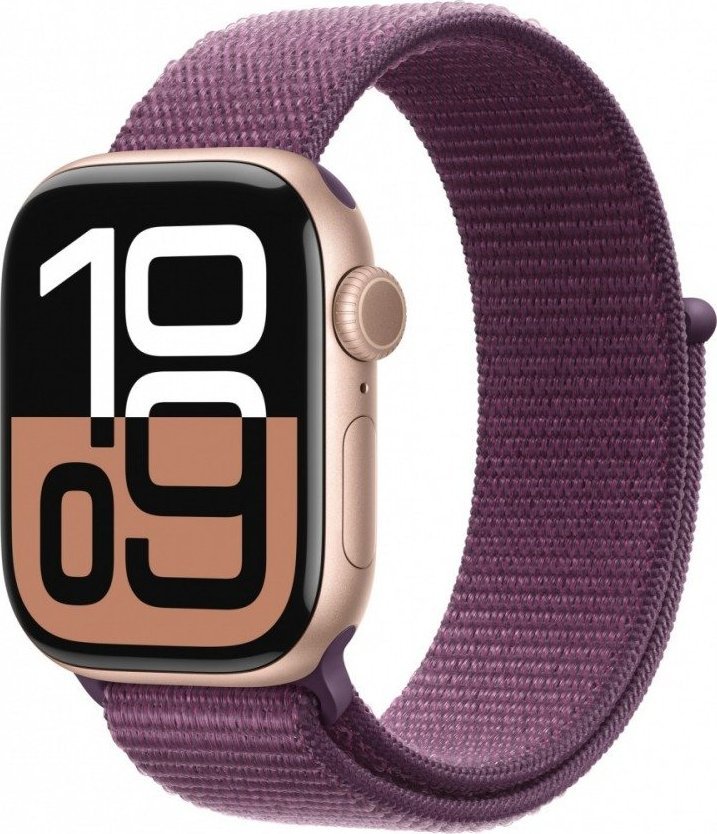 Apple Watch Series 10 GPS + Cellular, 42mm pouzdro z růžového zlatého hliníku se sportovním řemínkem Ripe Plum