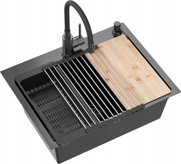 QUADRON LUKE 110 WORKSTATION dřez černý kov (58x45x20) s 1-miskovým sifonem bez + Qmat + vložka + dávkovač + deska + kohoutek s flexibilní hadicí