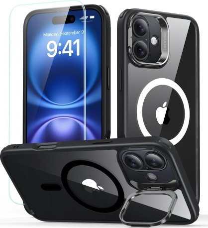 ESR ESR Classic Hybrid Kickstand Halolock MagSafe Case Set + Tvrzené sklo pro iPhone 16 - Černá