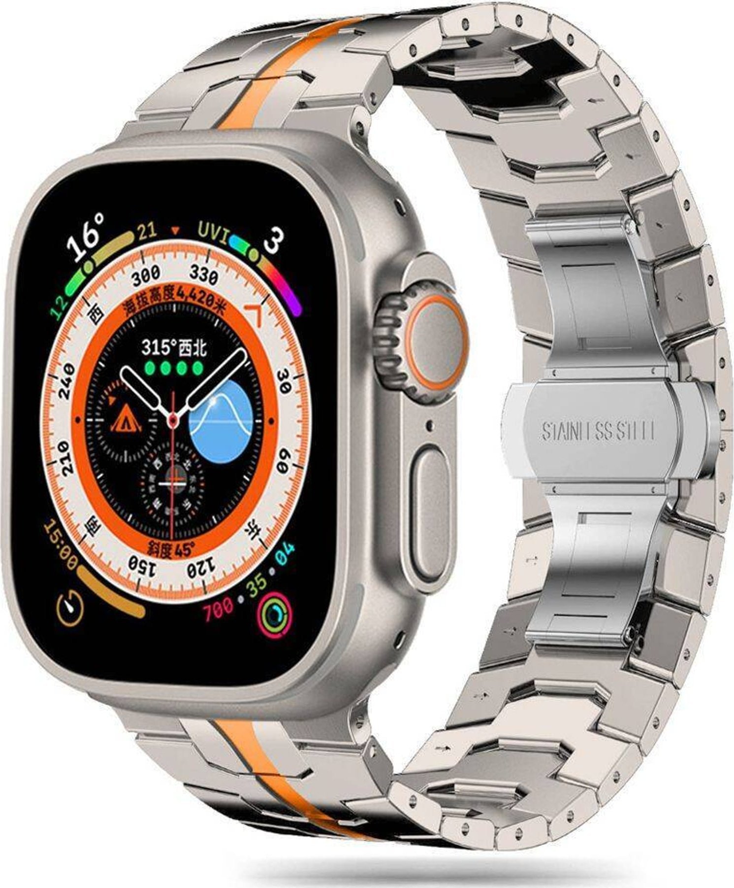 Tech-Protect Řemínek z nerezové oceli pro Apple Watch 4/5/6/7/8/9/SE/Ultra 1/2 42/44/45/49mm titan/oranžový