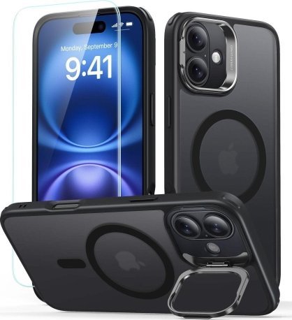 ESR ESR Classic Hybrid Kickstand Halolock MagSafe Case Set + Tvrzené sklo pro iPhone 16 - Černá