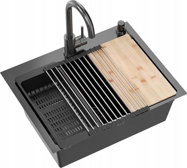 QUADRON LUKE 110 WORKSTATION dřez černý kovový (58x45x20) s 1miskovým sifonem bez + Qmat + vložka + dávkovač + deska + kohoutek s pevným výtokem