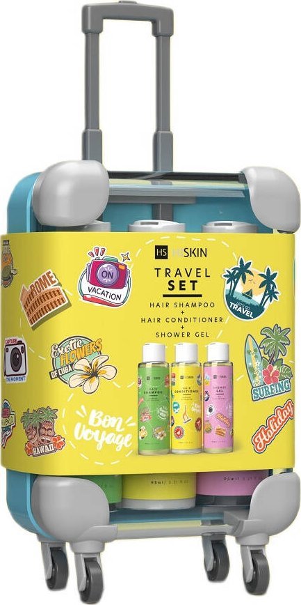 Alkotest HiSkin HISKIN_SET Cestovní mini kufrový šampon na vlasy 95ml + kondicionér na vlasy 95ml + sprchový gel 95ml žlutý