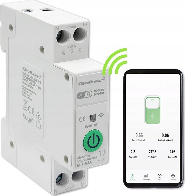 Qoltec Wi-Fi relé 63A pro DIN lištu s elektroměrem | TUYA | CHYTRÝ ŽIVOT