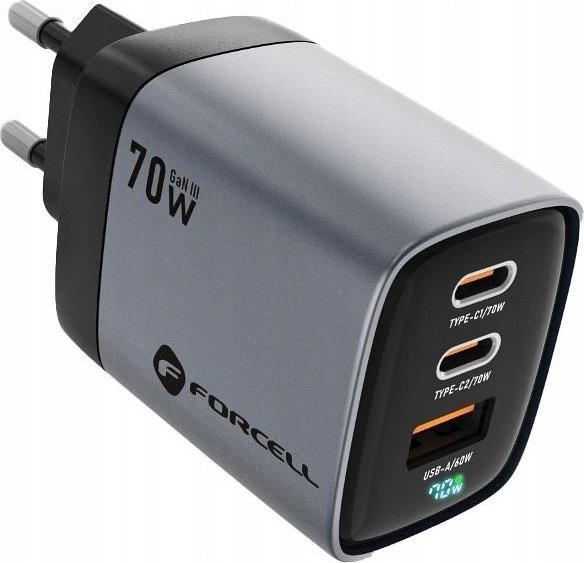 ForCell nabíječka FORCELL F-ENERGY GaN III VT-37 síťová nabíječka s LCD displejem 2 x typ C + USB A PD QC4.0 SAM SFC2.0 3,45A 70W šedá