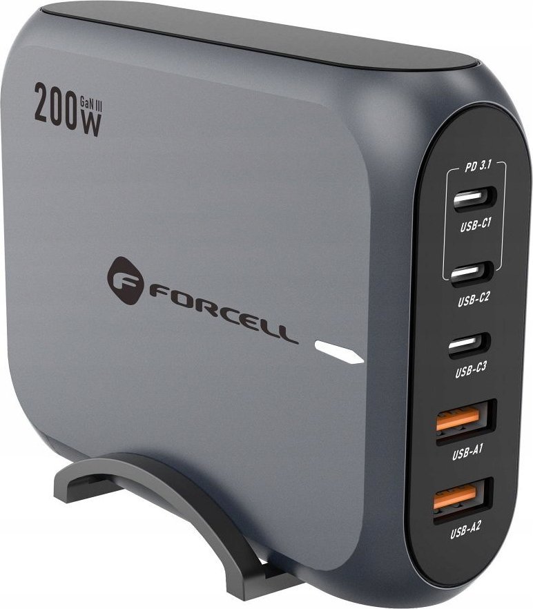 ForCell nabíječka FORCELL F-ENERGY GaN III VT-51 stolní nabíječka 3 x typ C + 2 x USB A PD QC4.0 SFC2.0 5A 200W šedá