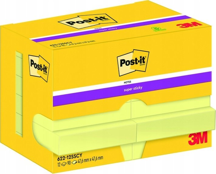 Post-It 3M Samolepicí bločky 3M POST-IT® Super Sticky (622-12SSCY-EU), 47,6x47,6 mm, 12x90 kart, žluté