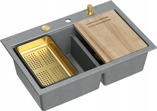 GraniteQ MARC 120 WORKSTATION Dřez GraniteQ 2 dřezy 760*500*235 mm stříbrný kámen + sifon s otevíráním push-to-pen + dávkovač + deska + vložka / zlaté prvky