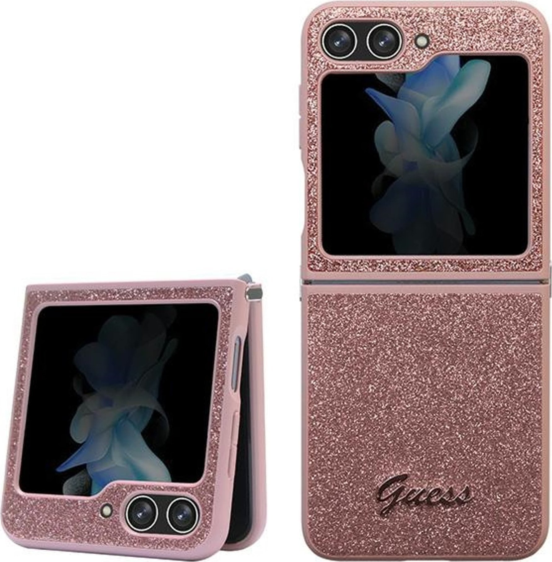 Pouzdro Guess Guess GUHCZF5HGGSHP Pevné pouzdro Samsung Galaxy Z Flip 5 Glitter Script růžová/růžová