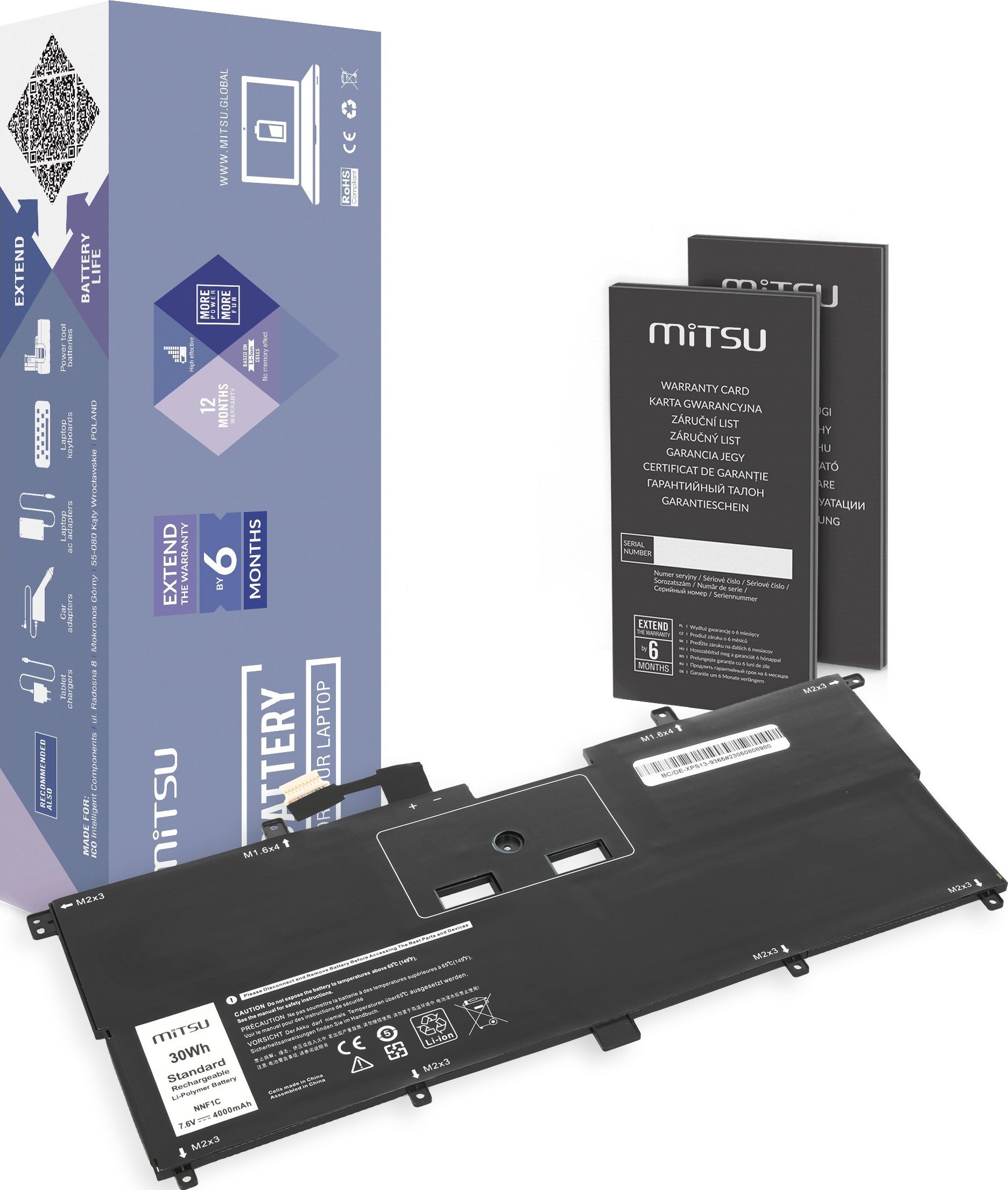 Mitsu Baterie HMPFH NNF1C pro Dell XPS 13 9365 4000 mAh (30 Wh) 7,6 V (7,4 V)