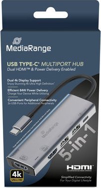 MediaRange USB HUB MediaRange HUB USB-C Multiportový adaptér 5 v 1, stříbrný