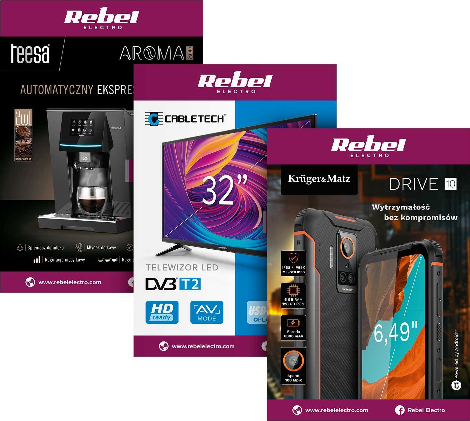 Rebel sada 3 elektro plakátů - Drive 10, automatický kávovar na espresso, TV Cabletech