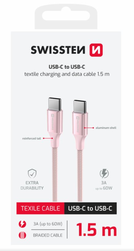 Swissten datový kabeltextile ii usb-c / usb-c 1,5 m růžový