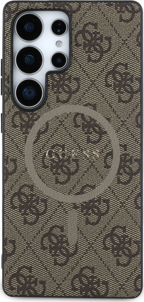 Guess kožené pouzdro MagSafe s barevným kroužkem 4G pro Samsung Galaxy S25 Ultra hnědé
