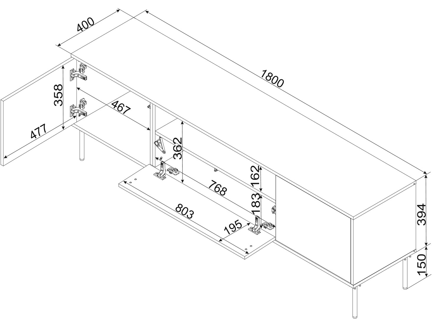 Cama RTV skříň EF + krb černá TRESSE 180x40x54,5 kašmírový matný