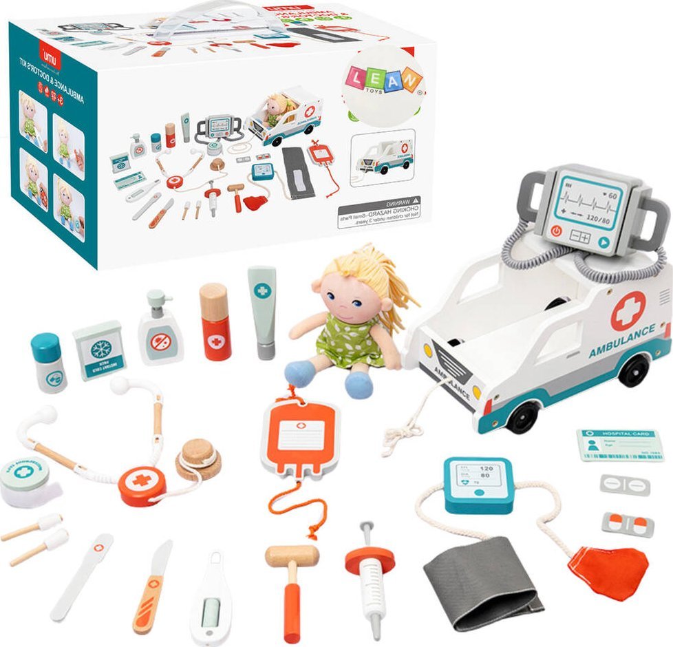LeanToys Záchranná sada pro malé záchranáře, příslušenství, dřevo, 22 ks