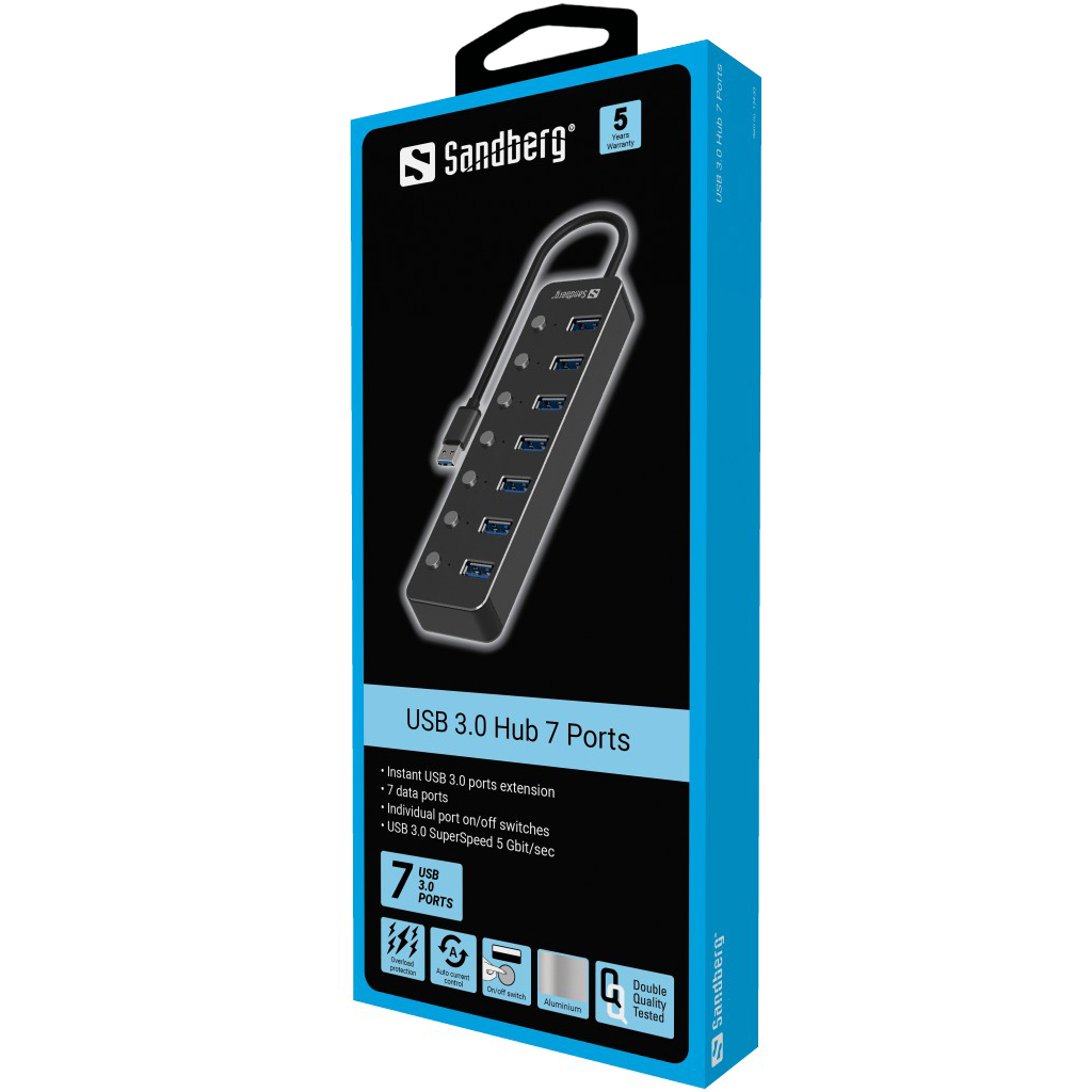 Sandberg USB-A HUB, 7x USB 3.0, černý