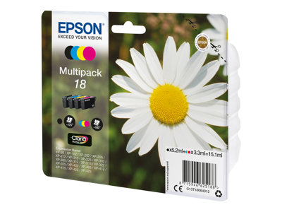 Epson 18 Multipack - 4-balení - 15.1 ml - černá, žlutá, azurová, purpurová - originální - blistr s RF / akustickým alarmem - inkoustová cartridge - pro Expression Home XP-212, 215, 225, 312, 315, 322,