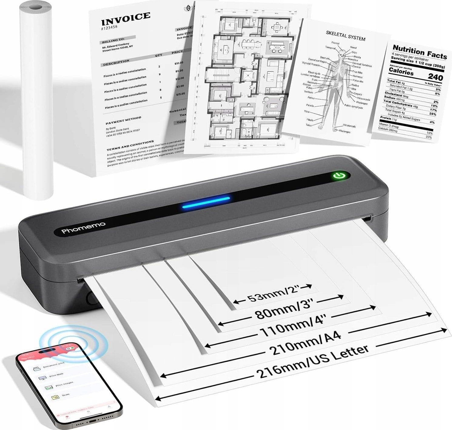 Phomemo Přenosná termální tiskárna A4 bez inkoustu Bluetooth Ios/Android / / M832 / Šedá