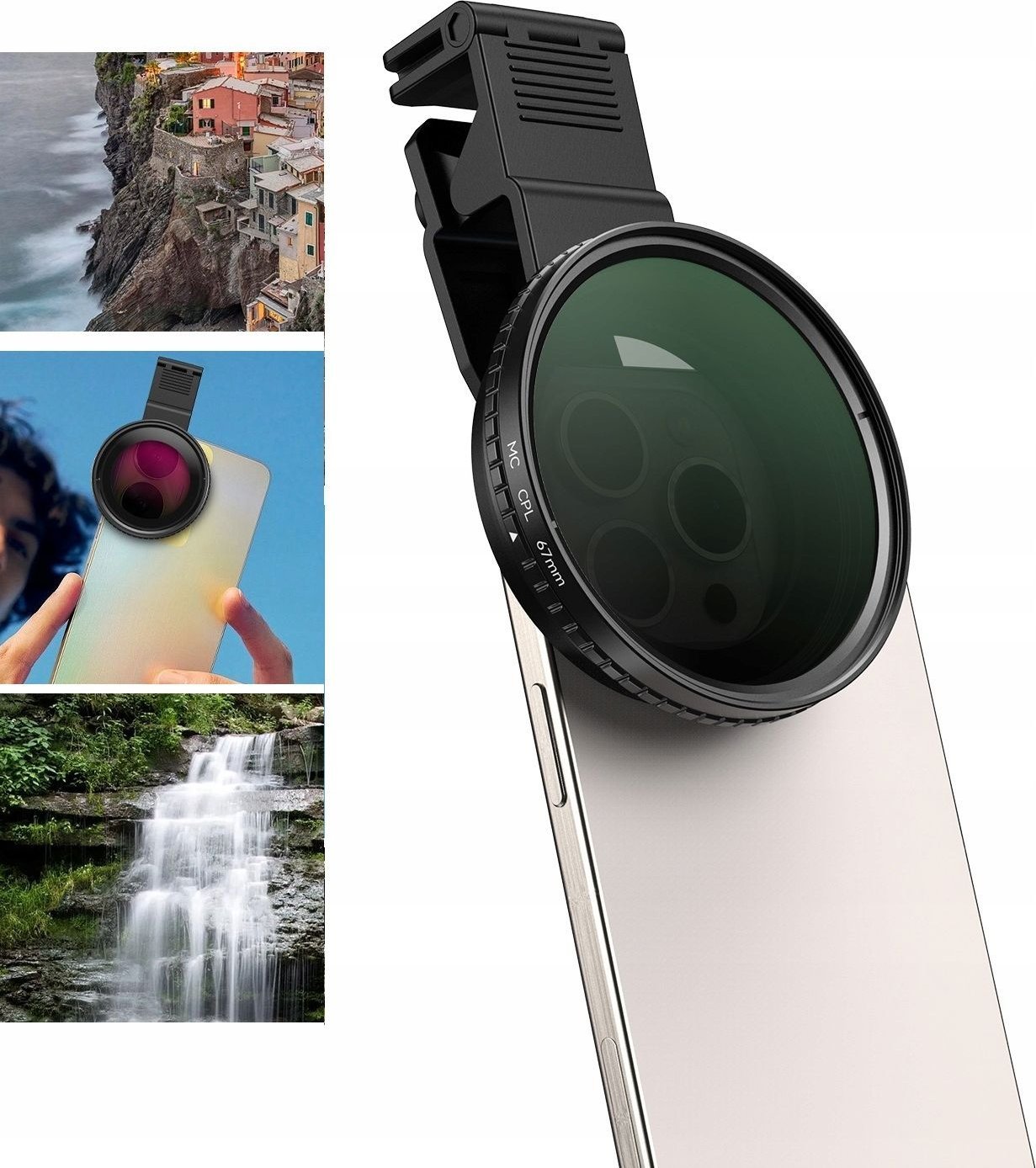 Apexel Polarizační filtr objektivu CPL 67mm, saně ISO, stojánek na telefon / APL-67CPL
