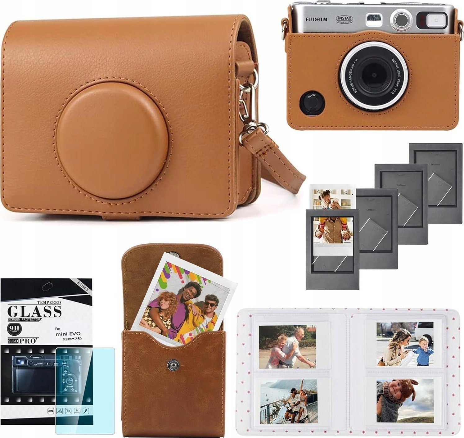 Sada 5v1 Pouzdro + Sklo + Album 64x + Pouzdro Fotky + Rámečky pro Fuji Instax Mini Evo / Hnědá