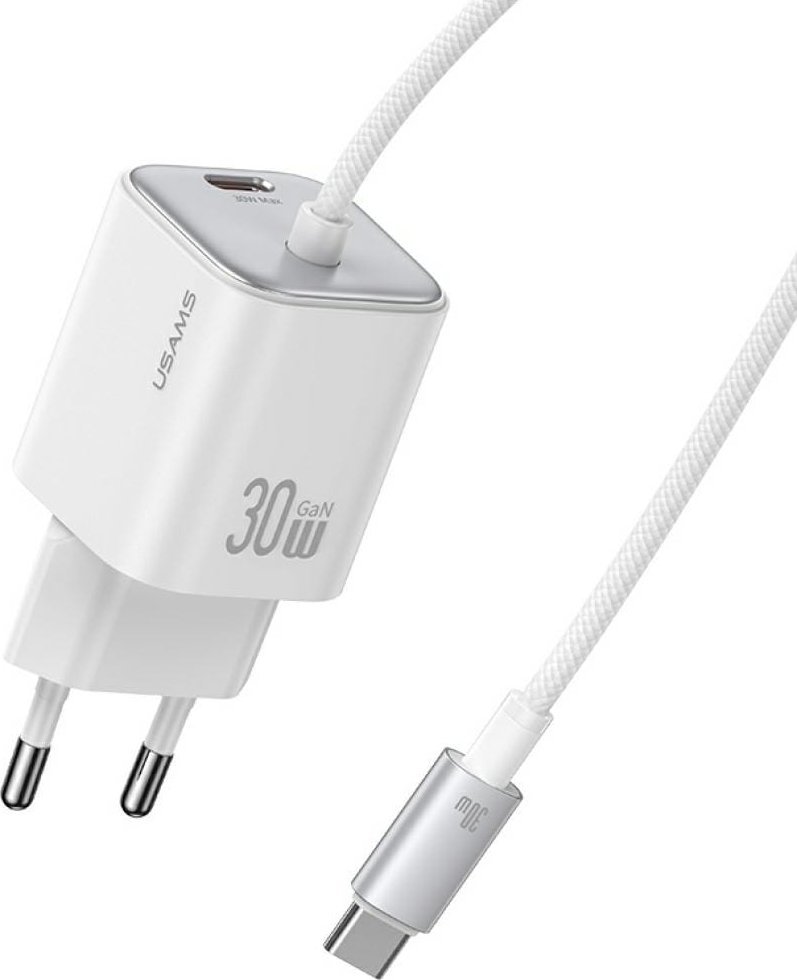 USAMS JC Series CC264 30W GaN rychlonabíječka do zásuvky s vestavěným kabelem USB-C, bílá