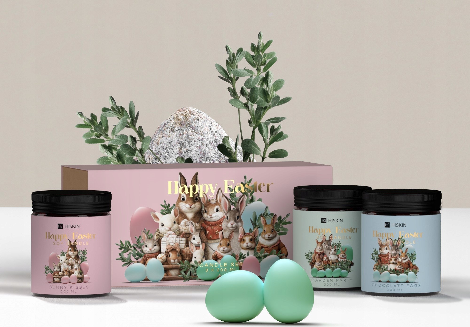 Alkotest HISKIN_SET sójová svíčka Veselé Velikonoce Čokoládová vajíčka 200ml + sójová svíčka Zahradní párty 200ml + sójová svíčka Bunny Kisses 200ml