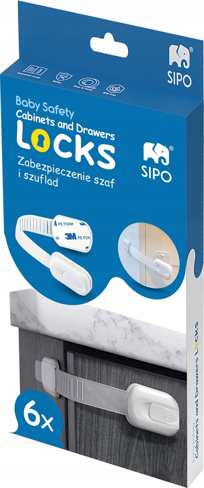 SIPO -SBS-217-NASTAVITELNÁ BEZPEČNOSTNÍ ZÁMKA NA SKŘÍŇKY A ZÁSUVKY, 6 KS