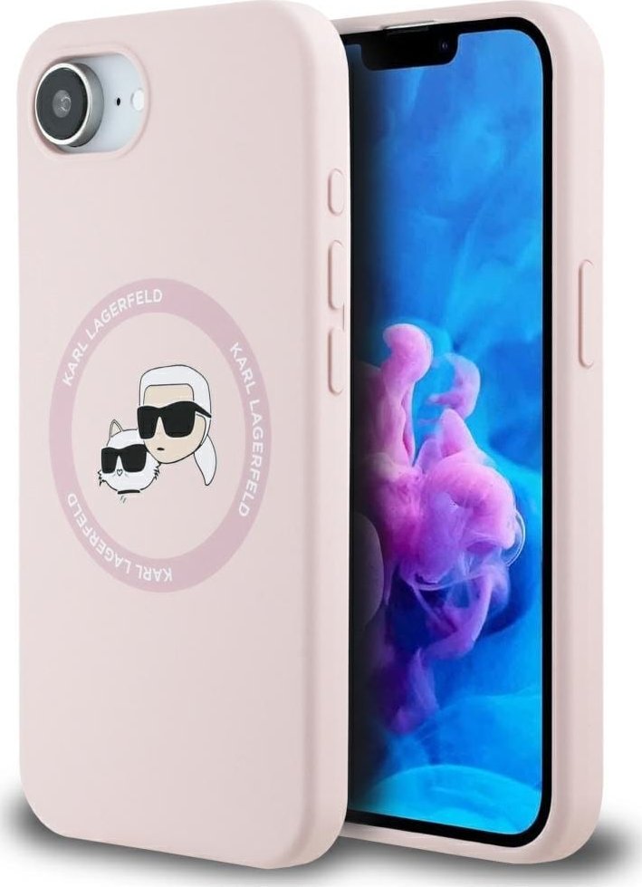 Karl Lagerfeld Silikonový kryt s motivem Karl&Choupette Heads MagSafe pro iPhone 16e růžový
