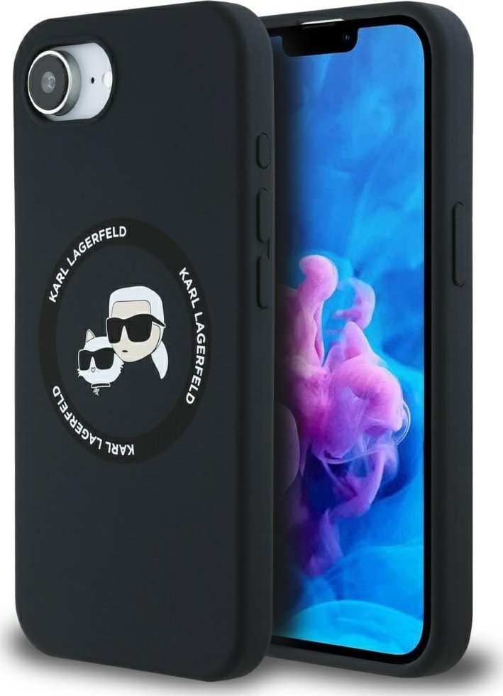 Karl Lagerfeld Silikonový kryt s motivem Karl&Choupette Heads MagSafe pro iPhone 16e, černý