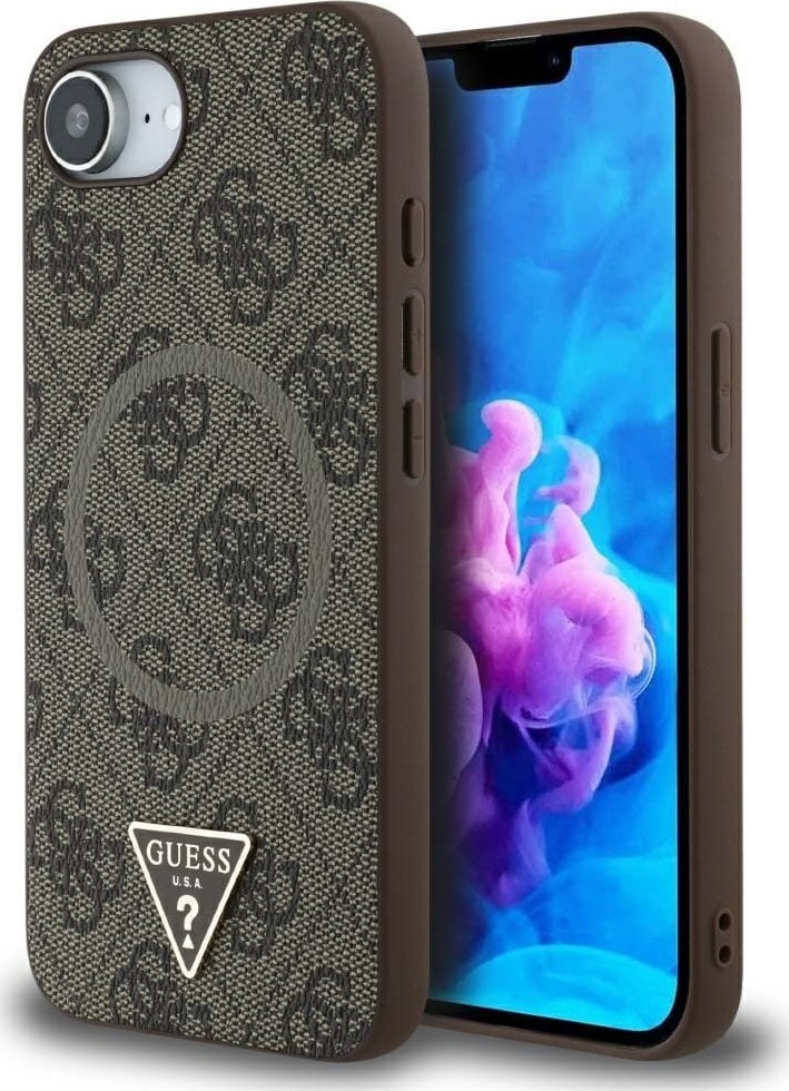 Guess Pouzdro 4G Ring Triangle Logo MagSafe pro iPhone 16e hnědé
