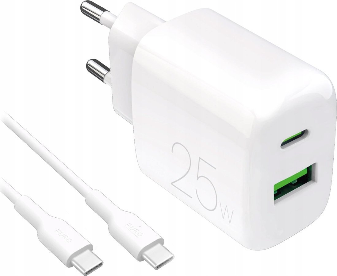 Puro PROLITE 25W USB-A / USB-C nabíječka do zásuvky + kabel USB-C - USB-C 1,2 m - bílá
