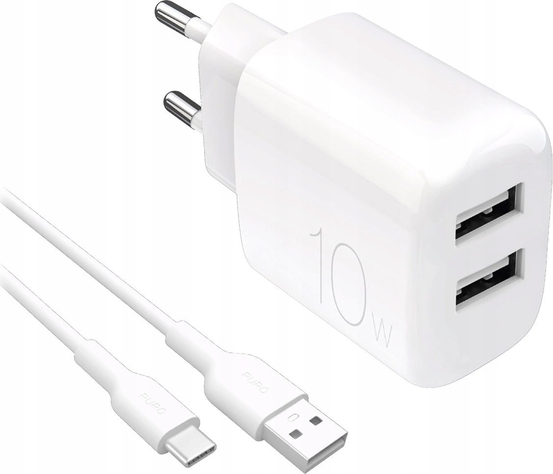 Puro PROLITE 10W síťová nabíječka 2x USB-A + USB-A - USB-C kabel 1,2 m - bílá