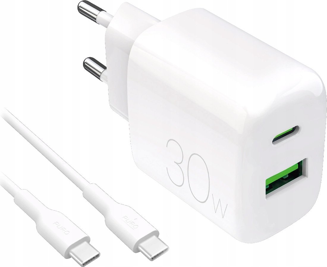 Puro PROLITE 30W USB-A / USB-C nabíječka do zásuvky + kabel USB-C - USB-C 1,2 m - bílá