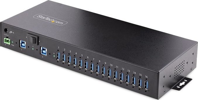 StarTech.com 16-Port Industrial USB 3.0 Hub 5Gbps, Metal, DIN/Surface/Rack Mountable, ESD Protection, Terminal Block Power, up to 120W Shared USB Charging, Dual-Host Hub/Switch (5G16AINDS-USB-A-HUB) -