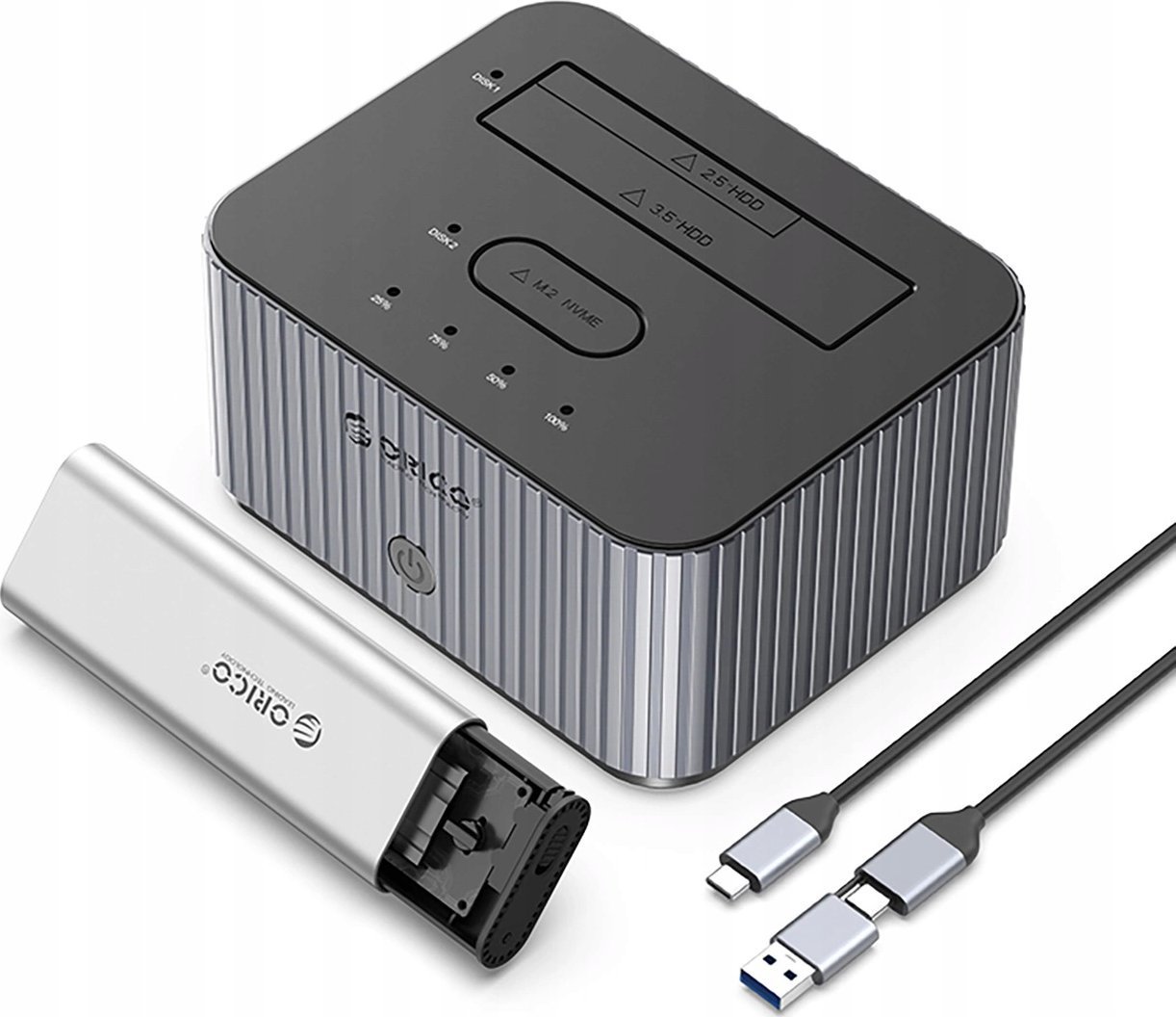 Dokovací stanice M.2 NVME Clone Drive + 2,5/3,5 HDD / 2,5 SSD – šedá