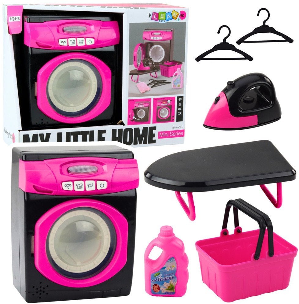 LeanToys Sada domácích spotřebičů: Pračka, interaktivní zvuky, příslušenství, černá a růžová, hračky LEAN