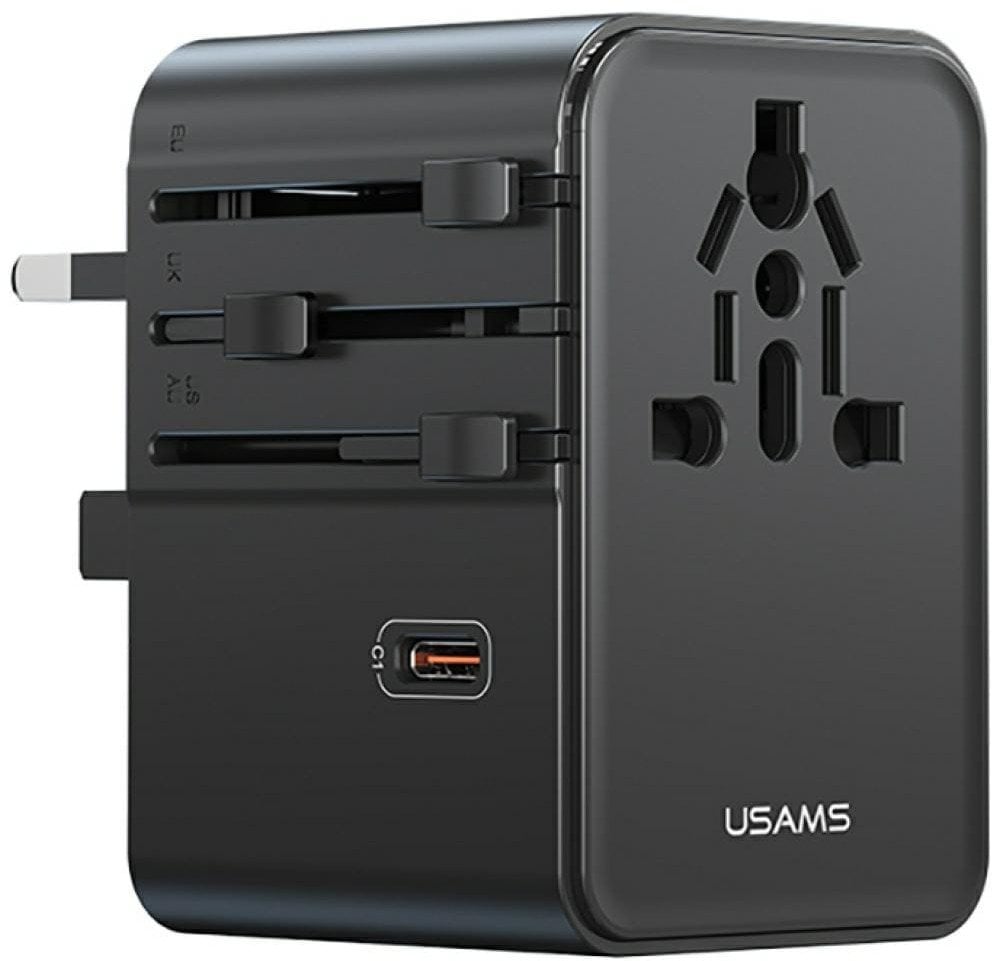 Usams Cestovní adaptér CC310 3xUSB-C 70W 4v1 US/AU/EU/UK černý