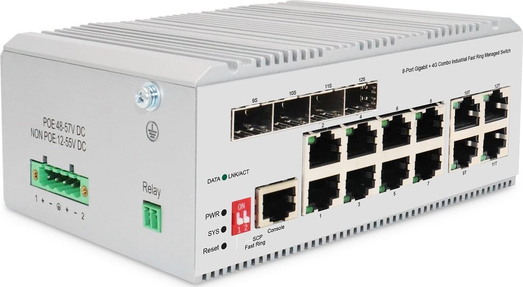 Digitus Přepínač DIGITUS Průmyslový 8+4 L2 spravovaný gigabitový ethernetový přepínač 8 portů GEE RJ45 4 porty GE SFP